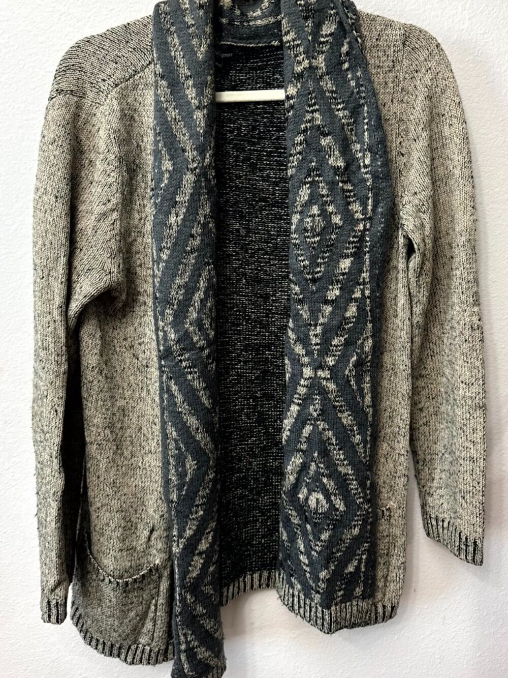 Market & Spruce Gray Cream Geometric Open Front Cardigan Small